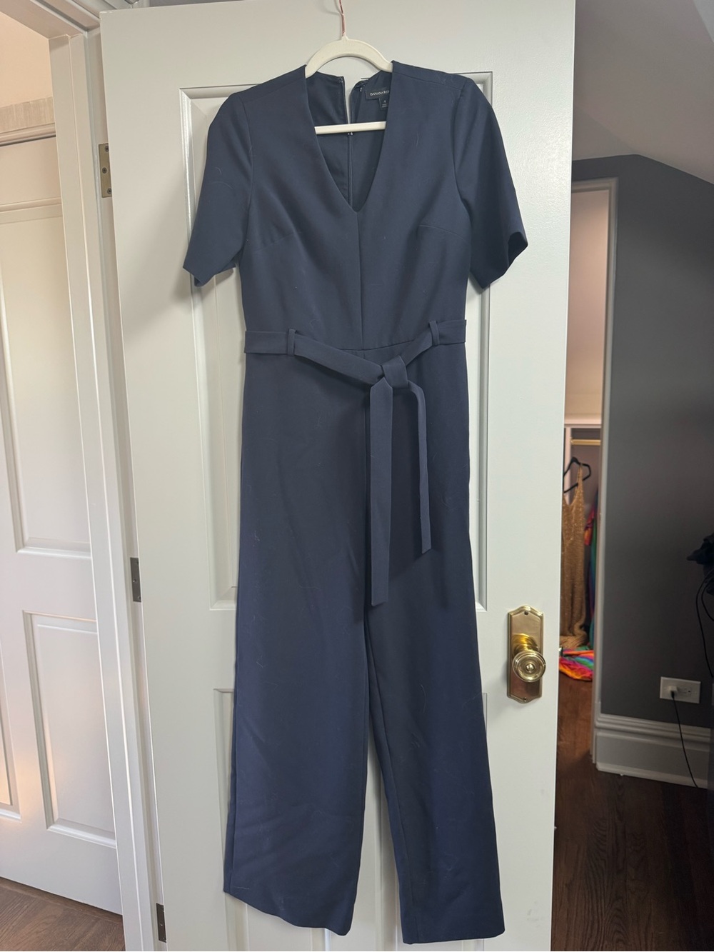 Banana Republic Navy V-Neck Short-Sleeve Belted Jumpsuit